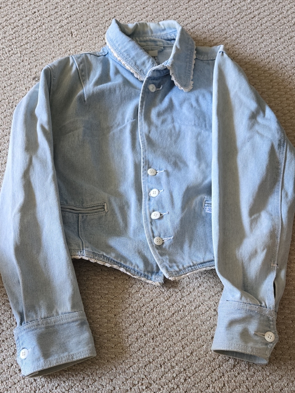 Light Blue Denim Jacket with Lace-Trim Collar